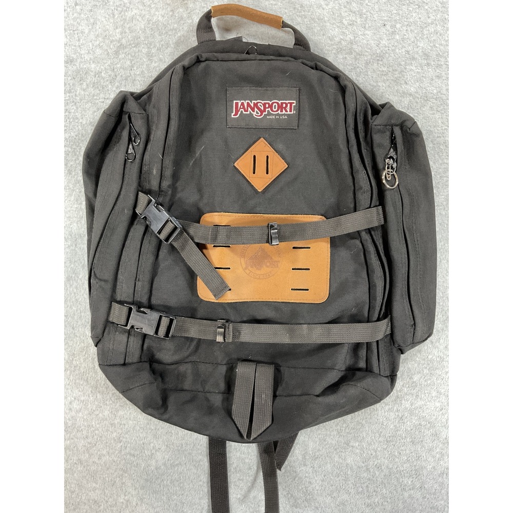 Vintage JanSport Backpack Black Canvas Leather Lash Tab Made in USA Hiking Bag
